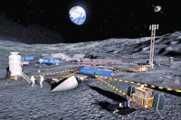 Россия и Китай собираются построить лунную станцию к 2035 г. Она будет состоять минимум из 9 строений. Пока речь идёт только о проекте необитаемой лунной станции. Кадр с видеопрезентации «Роскосмоса» и КНКА.