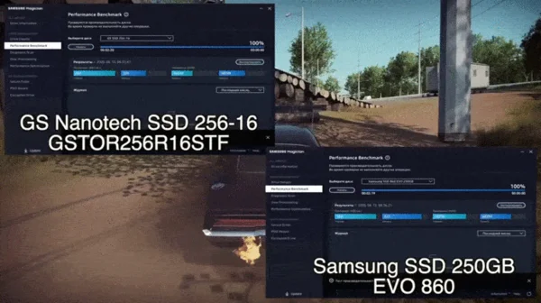 Тест на скорость записи и чтения SSD SATA GS Nanotech и Samsung EVO 860 (GIF видео).