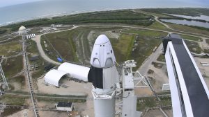 The SpaceX Falcon 9 and Crew Dragon spacecraft stand on Launch Complex 39A on May 27, 2020. Image credit: NASA TV