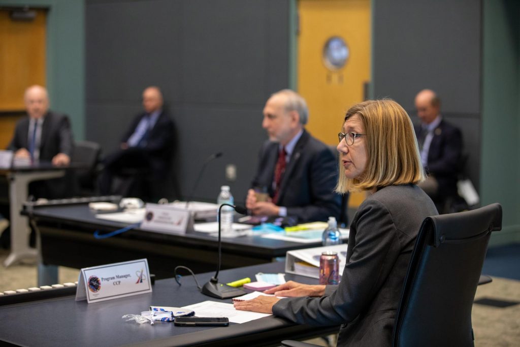 On May 21, 2020, inside the Operations Support Building II at NASA's Kennedy Space Center in Florida, Commercial Crew Program Manager Kathy Lueders participates in a flight readiness review for the upcoming Demo-2 launch.