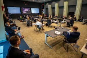 On May 21, 2020, inside the Operations Support Building II at NASA's Kennedy Space Center in Florida, NASA and SpaceX managers participate in a flight readiness review for the upcoming Demo-2 launch.