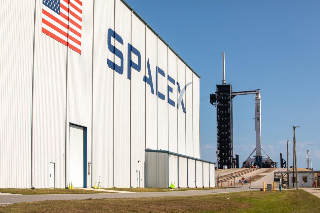 A SpaceX Falcon 9 rocket, with the Crew Dragon atop, stands poised for launch at historic Launch Complex 39A at NASA's Kennedy Space Center in Florida on May 21, 2020, ahead of NASA's SpaceX Demo-2 mission.