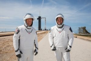 NASA astronauts Douglas Hurley (left) and Robert Behnken (right) participate in a dress rehearsal for launch at the agency's Kennedy Space Center in Florida on May 23, 2020, ahead of NASA's SpaceX Demo-2 mission to the International Space Station.