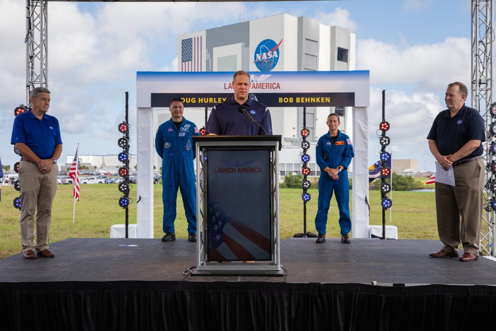 Agency leaders speak to members of the media during a press briefing at Kennedy Space Center on May 29, 2020, ahead of NASA's SpaceX Demo-2 launch, scheduled for Saturday, May 30.