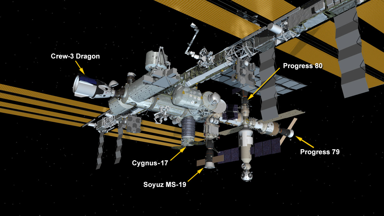 Feb. 21, 2022: International Space Station Configuration. Five spaceships are parked at the space station including the SpaceX Crew Dragon; Northrop Grumman's Cygnus space freighter; and Russia's Soyuz MS-19 crew ship and the Progress 79 and 80 resupply ships.