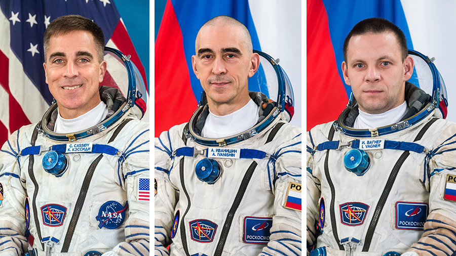 (From left) Expedition 63 Commander Chris Cassidy and Flight Engineers Anatoly Ivanishin and Ivan Vagner will return to Earth completing a 196-day research mission aboard the space station.