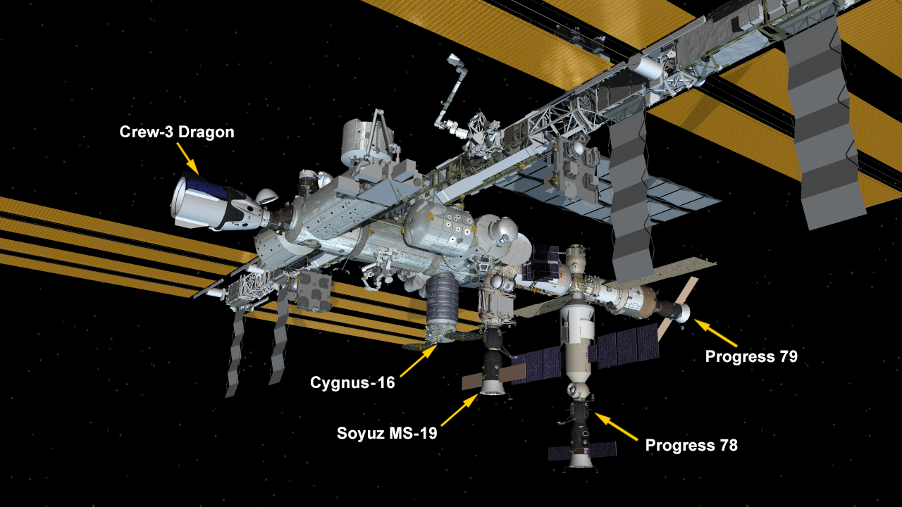 Nov. 11, 2021: International Space Station Configuration. Five spaceships are parked at the space station including Northrop Grumman's Cygnus space freighter; the SpaceX Crew Dragon vehicle; and Russia's Soyuz MS-19 crew ship and Progress 78 and 79 resupply ships.