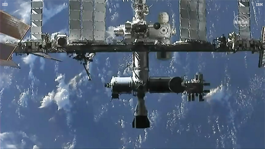 The space station is viewed from the SpaceX Cargo Dragon during its automated approach before docking. Credit: NASA TV
