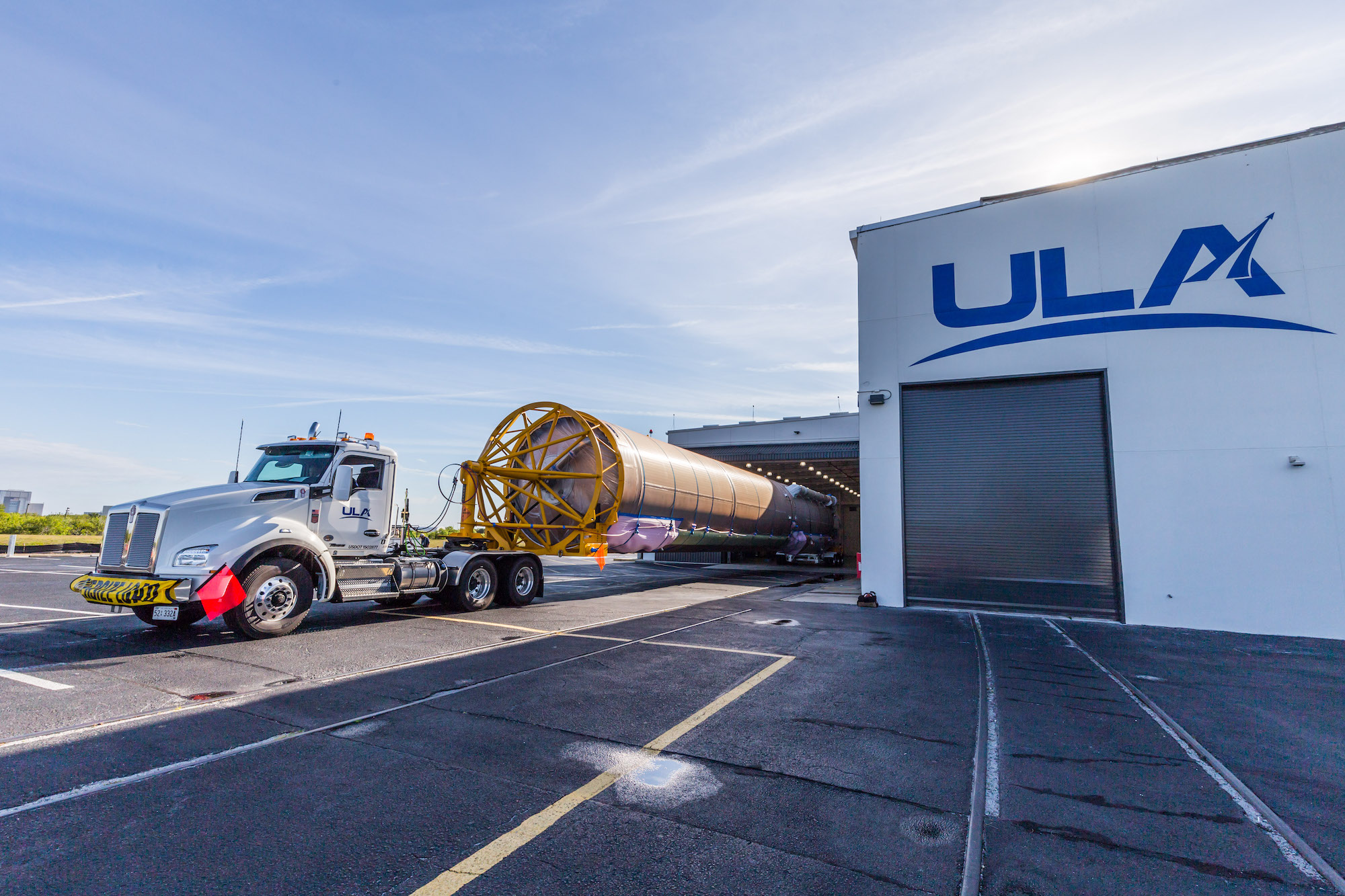 The Atlas stage arrives at the ASOC today. Photo by United Launch Alliance