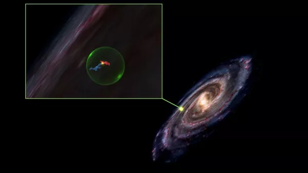 Гигантская сферическая полость в галактике Млечный Путь, на поверхности которой расположены молекулярные облака Персея и Тельца (синим и красным цветом соответственно)