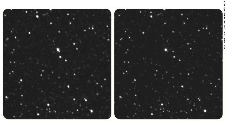 The New Horizons image of Proxima Centauri is on the left. If you have a stereo viewer, you can use it on this image. If not, look at the center of the image and let your focus shift to see the combined third image.