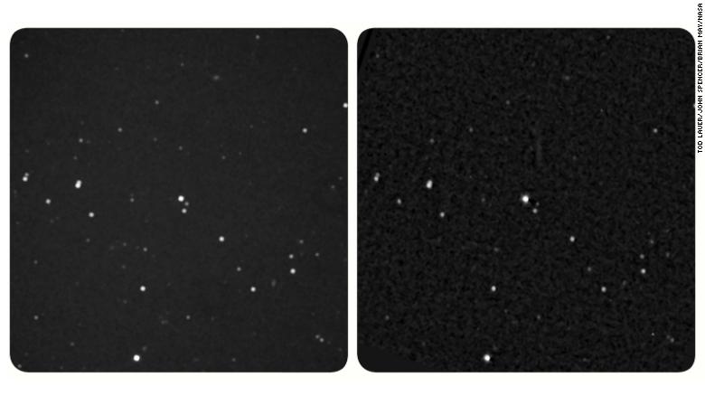 The New Horizons image of star Wolf 359 is on the left. If you have a stereo viewer, you can use it on this image. If not, look at the center of the image and let your focus shift to see the combined third image.