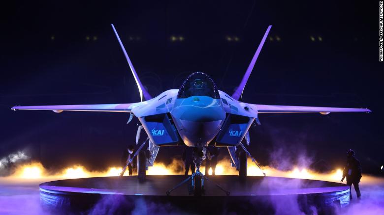 A view of South Korea's first prototype of the next-generation fighter, officially dubbed KF-21 Boramae, being revealed at the Korea Aerospace Industries Co. facility in Sacheon, South Korea on Friday.