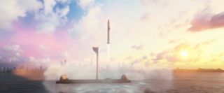 Этот скриншот из анимации SpaceX показывает космический корабль Starship, запускаемый с морского космодрома.