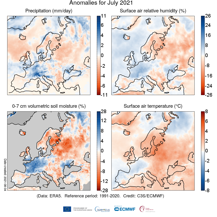 Anomalies in precipitation, the relative humidity of surface air, the volumetric moisture content of the top 7 cm of soil and surface air temperature for July 2021 with respect to July averages for the period 1991-2020