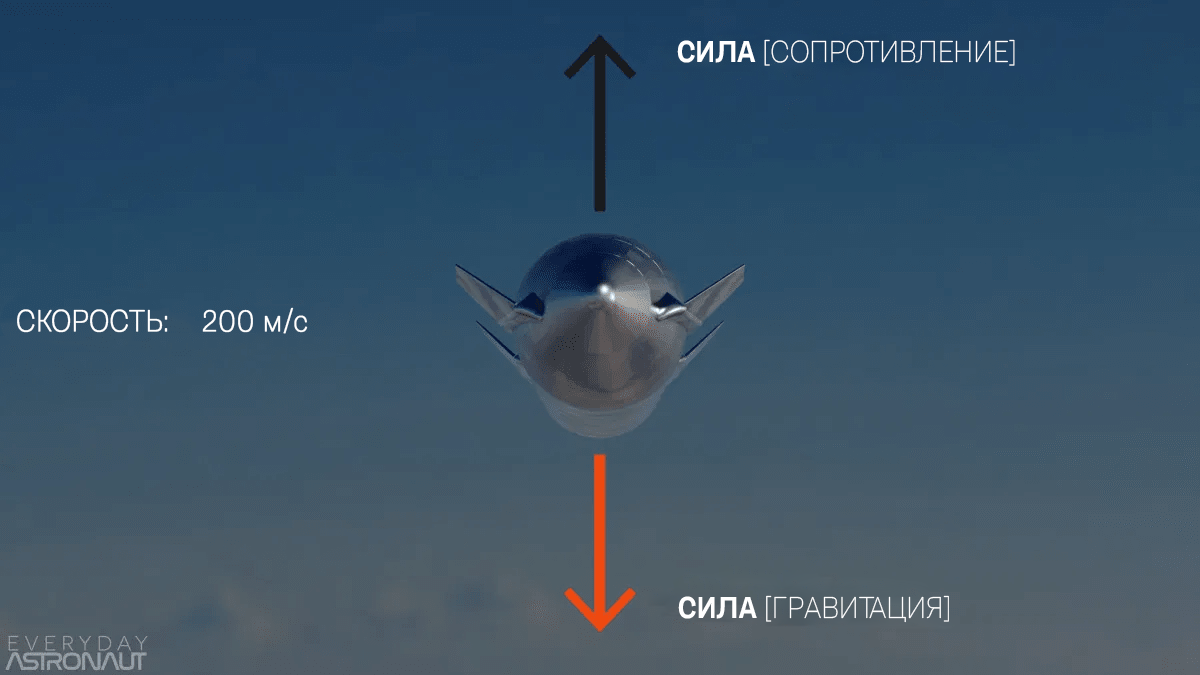 Starship падает брюхом вниз, показывая, что сила тяжести равна силе сопротивления (предельная скорость).&nbsp;