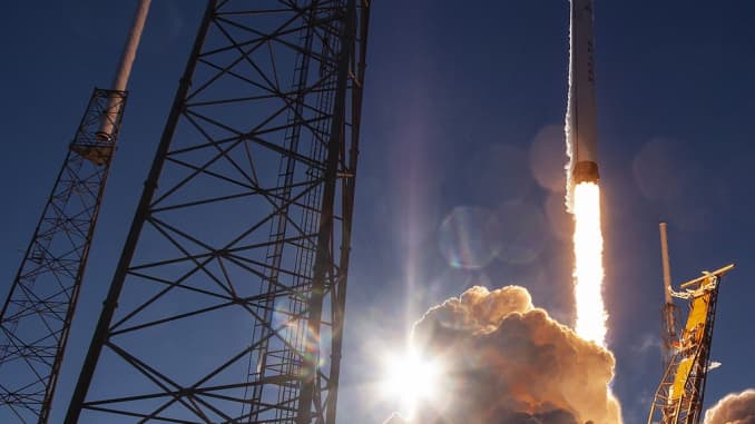 A SpaceX Falcon 9 rocket launches the U.S. Air Force's first GPS III satellite.