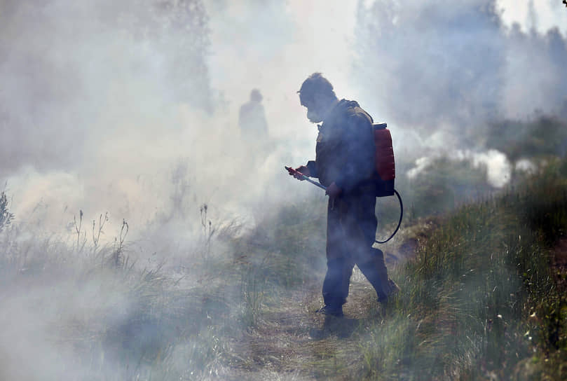 Сотрудники лесной охраны Якутии во время тушения пожара в Горном районе