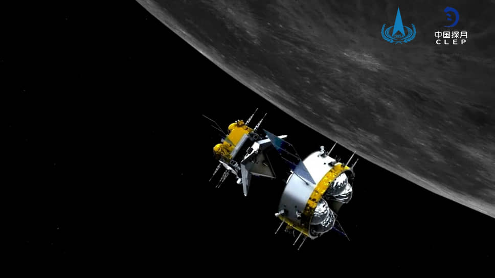 Китайский аппарат на лунной орбите перед стартом на Землю (смоделировано на компьютере)