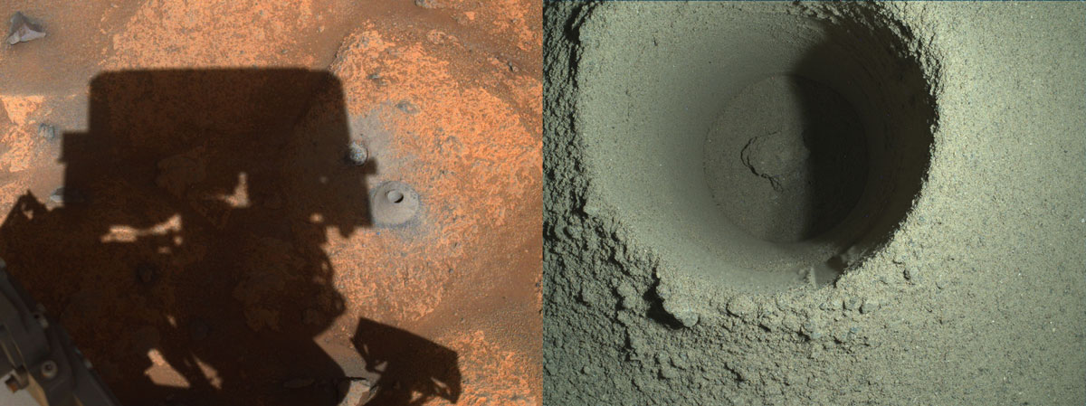 The left image shows a shadow of the Perseverance rover with a drill hole of its first sample-collection and the right image is a closeup of the drill hole.