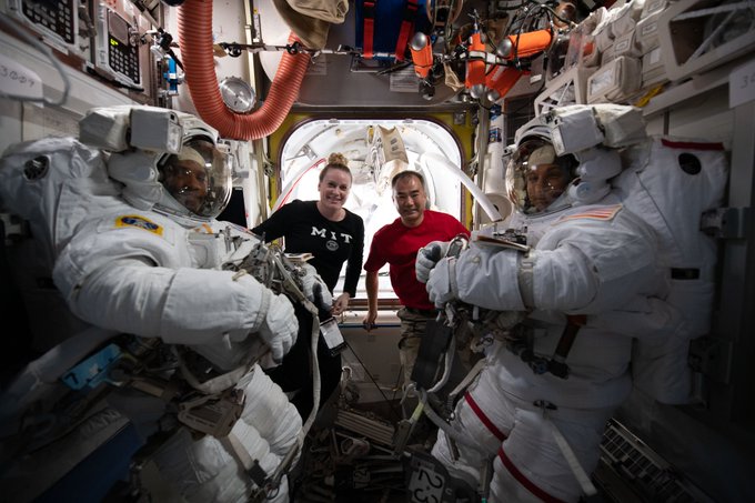 NASA spacewalkers Victor Glover and Michael Hopkins are pictured with astronauts Kate Rubins and Soichi Noguchi before the start of spacewalk on  Jan. 27, 2021.