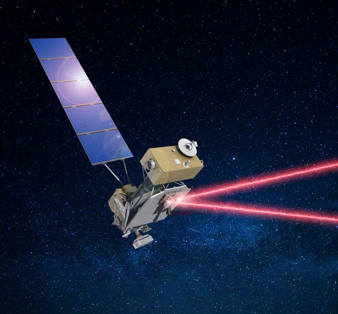 Illustration of satellite in space with one rectangular solar panel and two red laser beams pointing out from the satellite's core.