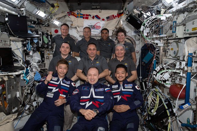 The three-person Soyuz MS-20 crew (front row) joins the seven-member Exp 66 crew for a group portrait. More details... https://flic.kr/p/2mQMNRJ