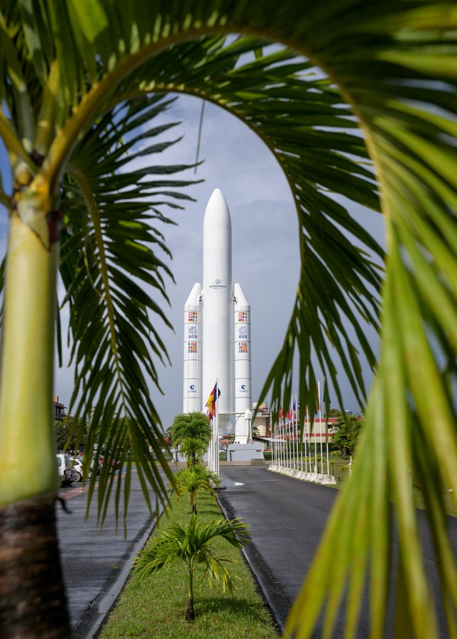 A mockup of Arianespace's Ariane 5 rocket is seen at the entrance to the Guiana Space Center in Kourou, French Guiana, Tuesday, Dec. 21, 2021.
