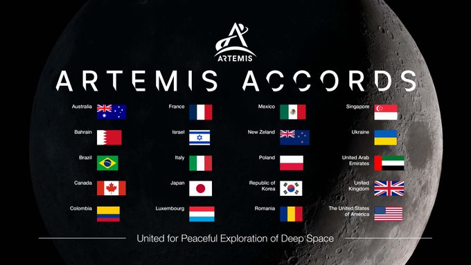 All of the twenty countries that have signed the Artemis Accords are represented in this image by their names and flags: Australia, Bahrain, Brazil, Canada, Colombia, France, Israel, Italy, Japan, Luxembourg, Mexico, New Zealand, Poland, the Republic of Korea, Romania, Singapore, Ukraine, the United Arab Emirates, the United Kingdom, and the United States. In the background, there is an image of the Moon in shadow. The text reads: