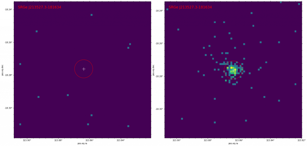 Рентгеновские изображения участка неба размером 5х5 угловых минут в диапазоне 0.3-2.2 кэВ, полученные телескопом СРГ/еРОЗИТА в первом (слева) и во втором (справа) обзоре неба. В первом обзоре из окрестности источника не зарегистрировано ни одного фотона, во втором обзоре — более ста рентгеновских фотонов