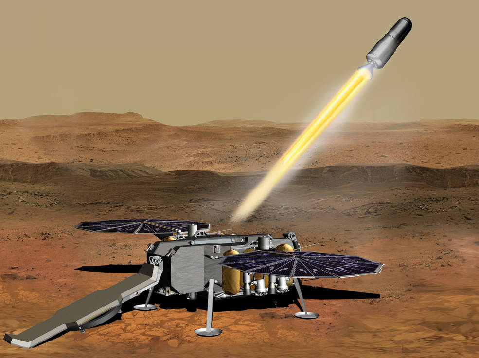 This illustration shows a concept of the NASA Mars Ascent Vehicle, carrying tubes containing rock and soil