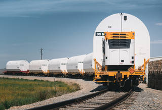 A train carrying the rocket motors for NASA's Space Launch System rocket