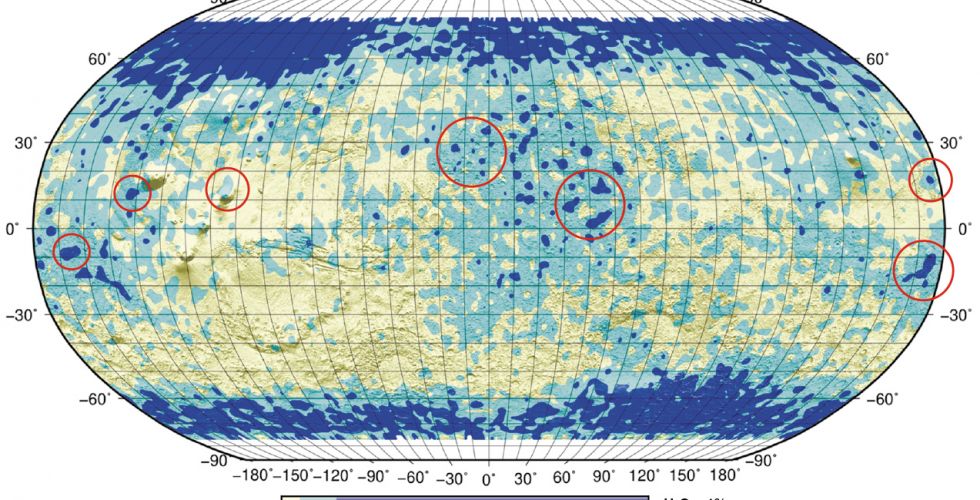 Расположение «оазисов» льдистой вечной мерзлоты, содержание воды в которых по оценкам ученых достигает десятков процентов по массе. Карта воды на Марсе составлена по данным детектора FREND