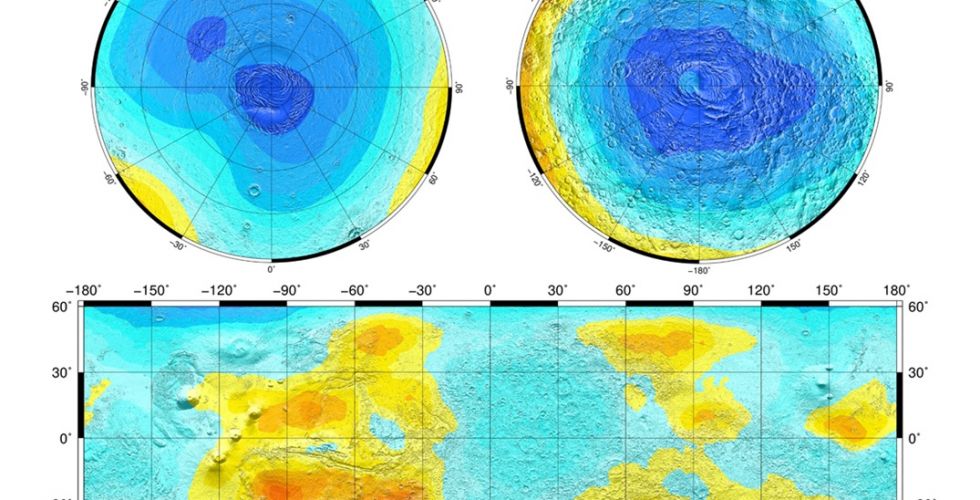 Карты нейтронного излучения Марса по данным прибора ХЕНД. Внизу: карта в пределах от 60° северной до 60° южной широты; вверху: карты полярных областей льдистой вечной мерзлоты. Цветовая шкала соответствует оценкам массовой доли воды в грунте Марса