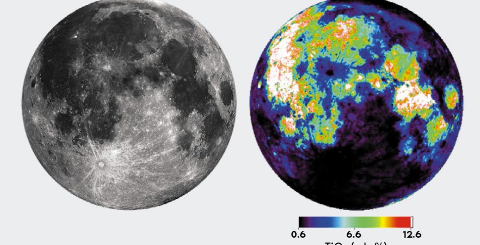 Слева – снимок Луны в фазе полнолуния, справа – карта распространения двуокиси титана TiO2 в территориях морского типа видимого полушария Луны (указаны весовые проценты в поверхностных породах), построенная по данным китайского геостационарного спутника Gaofen-4 (2020 г.)