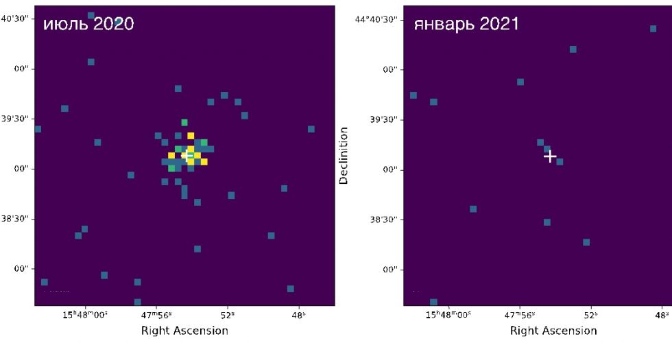 Рентгеновские изображения участка неба размером 3х3 угл.мин. вокруг положения AT2020mrf /SRGe J154754.2+443907, полученные телескопом СРГ/еРОЗИТА в ходе четырех последовательных обзоров неба в 2020-2021 гг.
