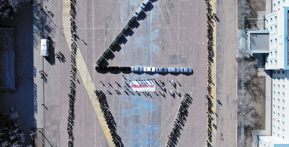 Массовая акция на центральной площади Байконура, 9 марта 2022 года