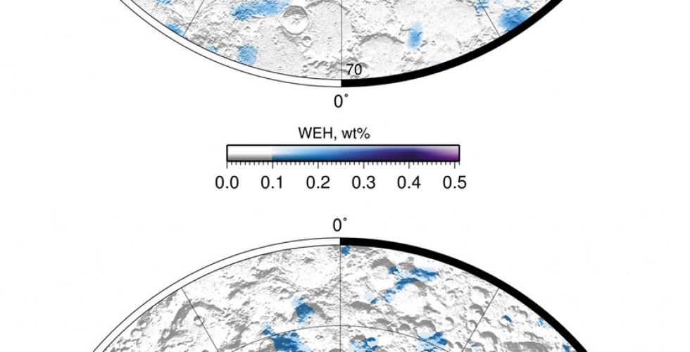 Содержание водяного льда в реголите южной околополярной области по данным LEND: вверху – северный полюс, внизу – южный полюс. WEH обозначает массовую долю воды по массе в процентах