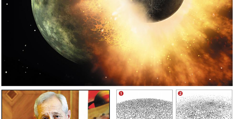 Вверху – сценарий столкновения протоземли с другой протопланетой и гипотеза совместного формирования Земли и Луны как двойной планеты (внизу)