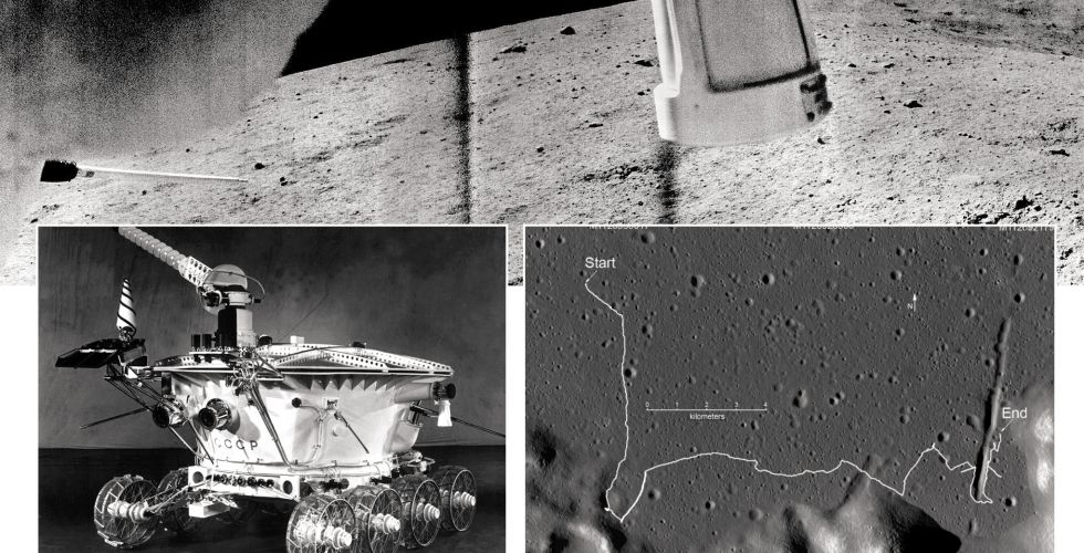  Траектория движения «Лунохода-2» (справа) и полученные им изображения лунной поверхности (вверху)