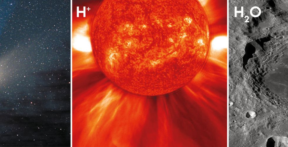 Возможные источники водяного льда в полярном реголите Луны: воду доставили кометы (слева); вода возникла благодаря взаимодействию протонов солнечного ветра и атомов кислорода в грунте (в центре); вода просачивается из недр (справа)