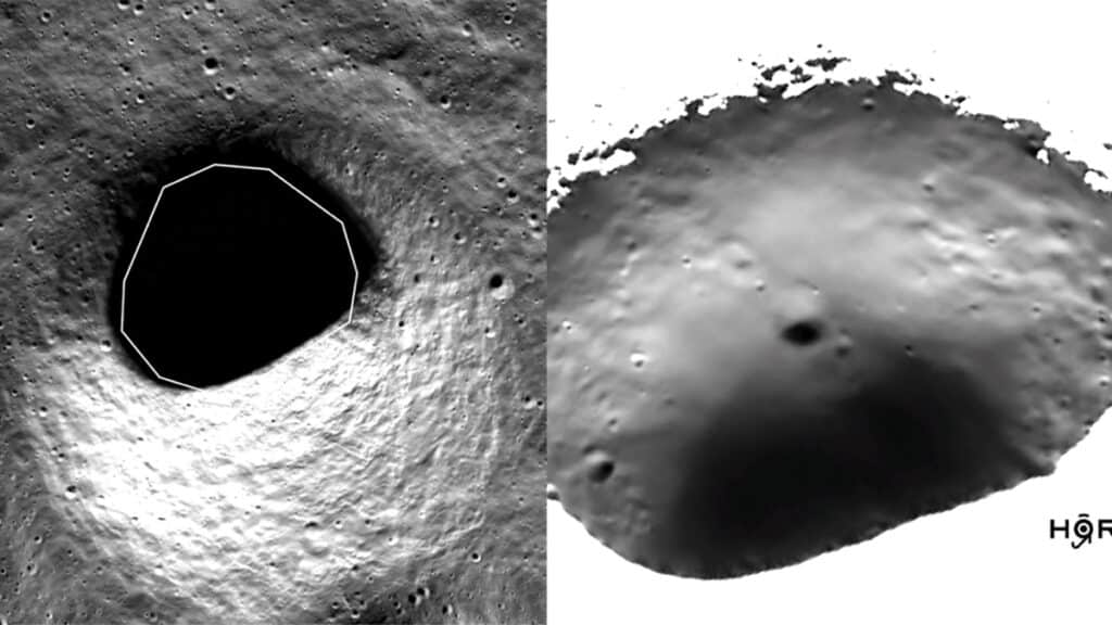 Слева — обычный снимок одного из вечно темных кратеров Луны; справа — результат обработки с помощью HORUS / ©ETH Zurich, LPI