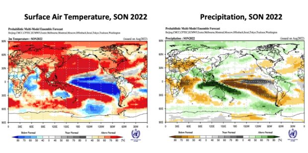 Вероятностные прогнозы приземной температуры воздуха и осадков на сезон сентябрь–октябрь 2022 года. Базовый период — 1993–2009 годы