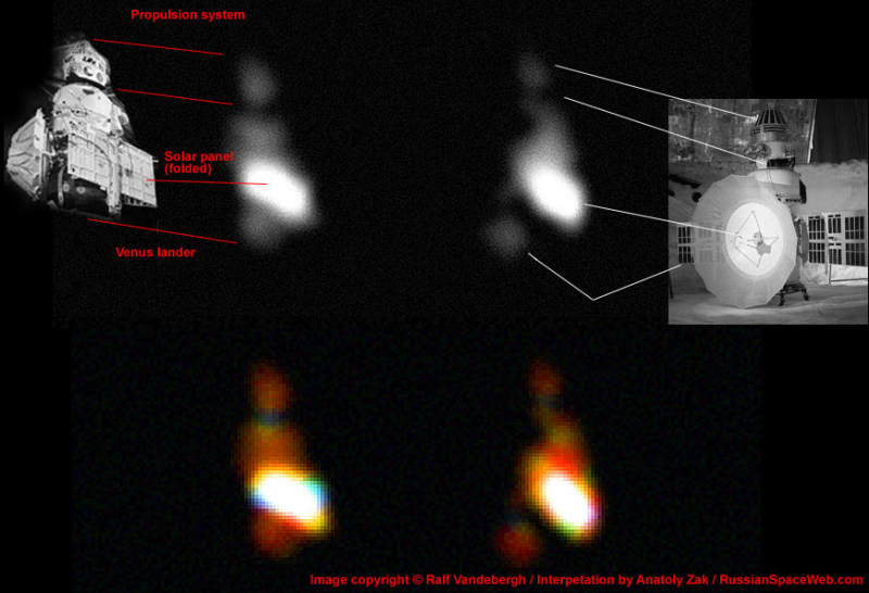 Наземный снимок «Космоса-482», сделанный астрофотографом Ральфом Вандебергом, и его сопоставление с устройством станции 