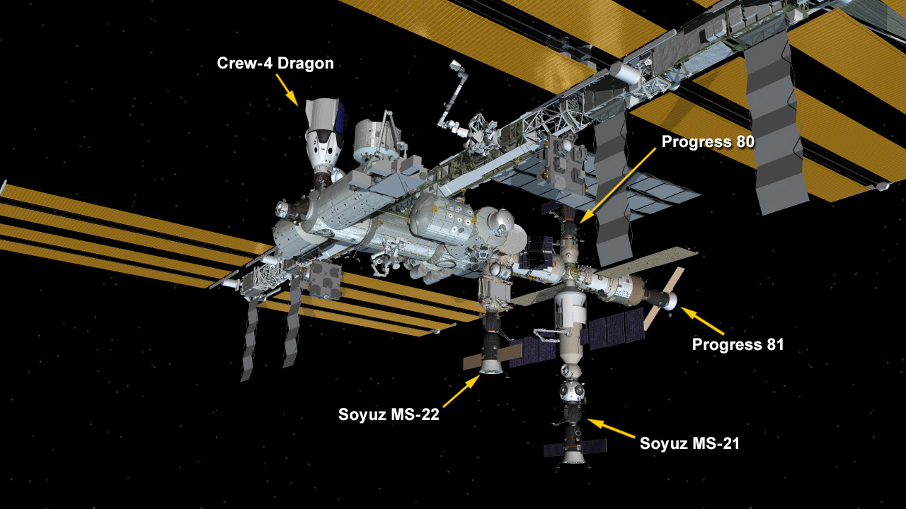 Sept. 21, 2022: International Space Station Configuration. Five spaceships are docked at the space station including the SpaceX Crew Dragon Freedom and Russia's Soyuz MS-21 and MS-22 crew ships and the Progress 80 and 81 resupply ships.