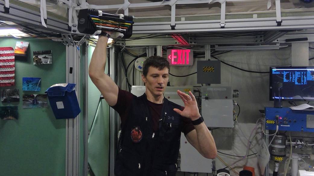 HERA crew member Jared Broddrick performs a resistive exercise during a workout session on a simulated Mars mission.