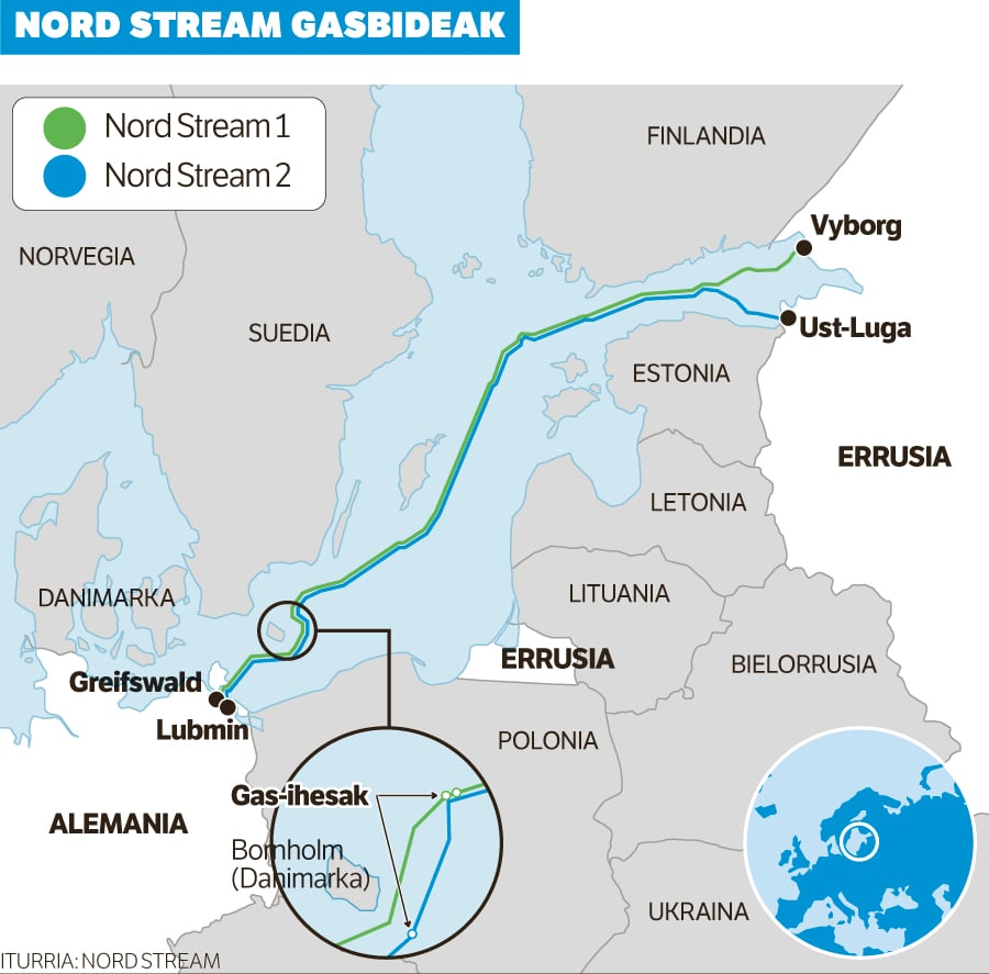 Места утечек из газопроводов «Северный поток — 1» и «Северный поток — 2» на карте Балтийского моря / ©Berria