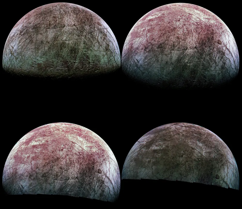 Четыре вида Европы, переданные «Юноной» (NASA/JPL-Caltech/SwRI/MSSS/Thomas Thomopoulos)