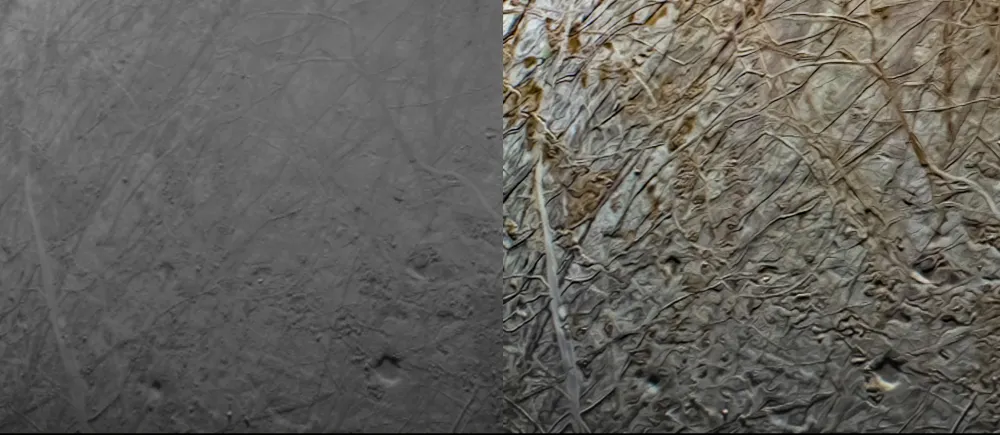 Пример одной и той же части поверхности Европы, захваченной камерой JunoCam, подвергшейся минимальной (слева) и кардинальной обработке. Контраст позволяет выделить наиболее крупные детали ландшафта (NASA/JPL-Caltech/SwRI/MSSS Image processing: Navaneeth Krishnan)