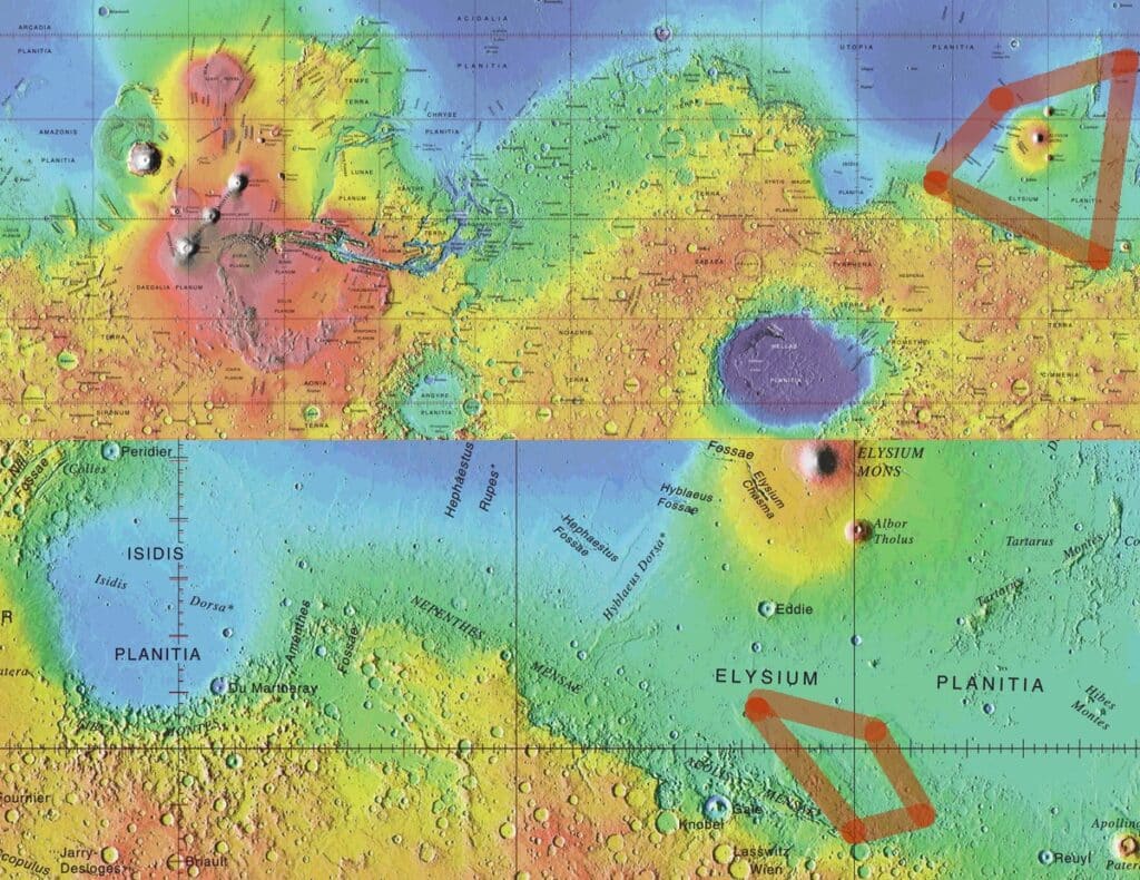 Сверху: район Элизий на карте Марса. Внизу: кратер Гейла и Aeolis Dorsa на карте Элизия / ©USGS